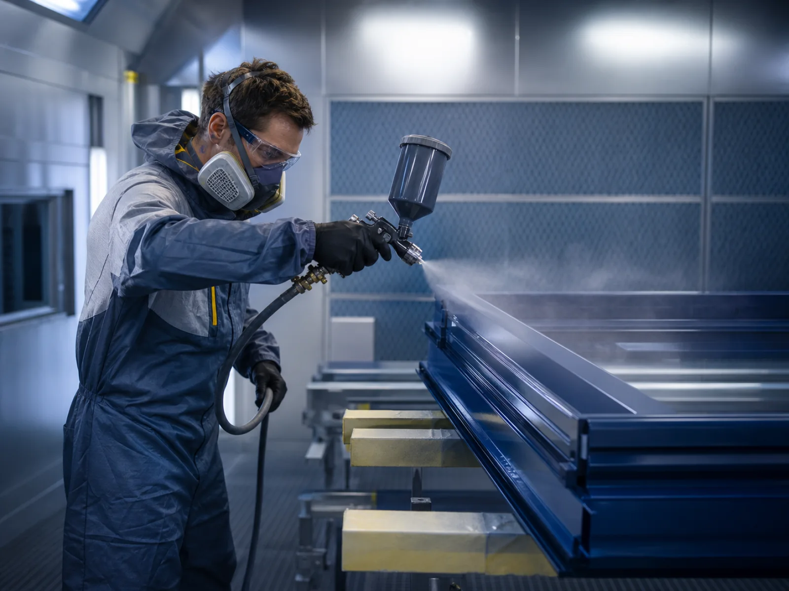 Technicien appliquant un laquage sur des profilés métalliques